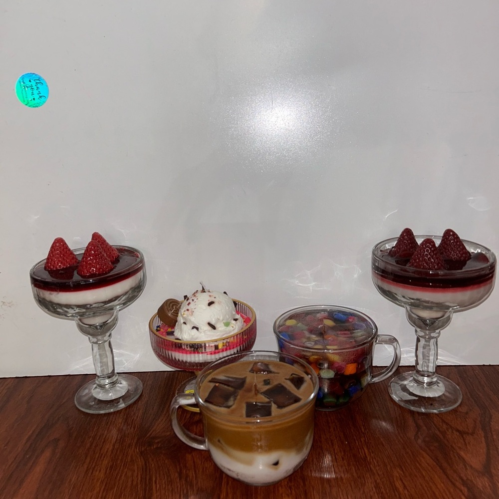 Clear Glass Dessert & Beverage Candle Set with Strawberry Accents